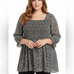Torrid black white floral Babydoll Chiffon 3/4 sleeve Top plus Size 2X NWT